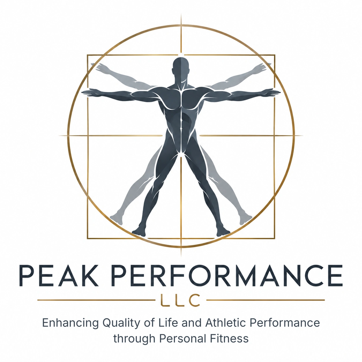 Peak Performance LLC logo: a modern Vitruvian-inspired figure within a gold circle and square. Enhancing Quality of Life and Athletic Performance through Personal Fitness.